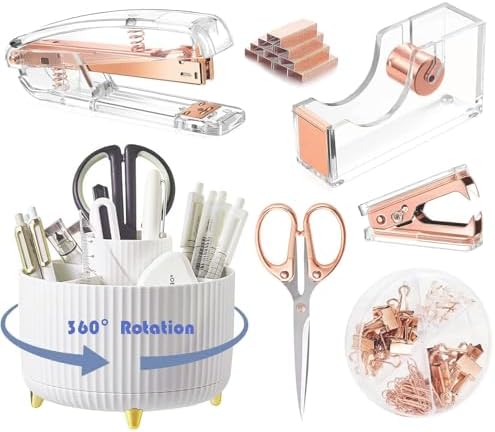 Gawsey Rose Gold Desk Organizers and Accessories with Desk Organizer 360° Rotating Pen Holder and Office Supplies, Cute Stationery Supplies Set by Gawsey