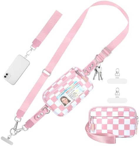 Tiostep Clip and Go Strap for Phone with Wallet Crossbody Phone Lanyard Adjustable and Detachable RFID Wristlet Wallet (Dusty Pink Checkered, Large) by Tiostep