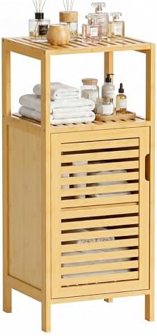 HITNET Bathroom Cabinet Freestanding, Small Bamboo Floor Cabinet, 4 Tier Single Door Sofa Side Table Storage Organizer, Space Saving Kitchen Cupboard, Natural by HITNET