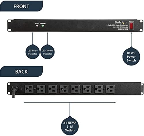 StarTech 8-Outlet 1U PDU, 120V/15A, Surge, 6ft Cord, TAA (RKPW081915) - Image 4