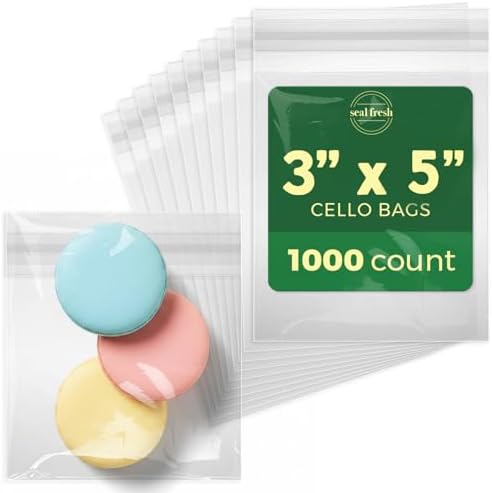 Seal Fresh Self Sealing Cellophane Bags - 3" x 5" (1000 Count) - Clear Plastic Resealable Cello Bag - Cellophane Treat Bags, Cookie Bags for Packaging, Candy bags, Cello Bags, Pastry Bags by SealFresh