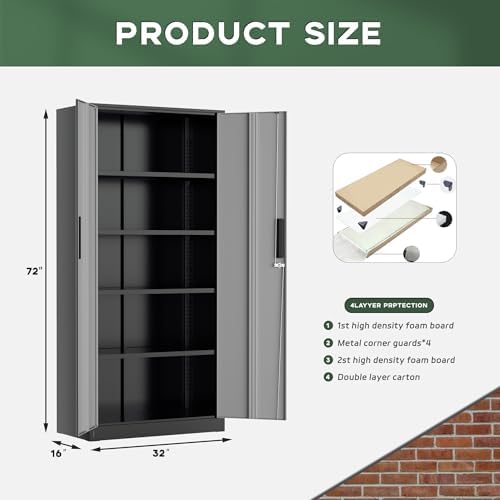 Greenvelly Metal Garage Storage Cabinet, 72" Black Gray Tool Steel Locking Cabinet with Doors and 4 Shelves, Tall Cabinets for Garage Storage Systems Lockable File Cabinet for Home Office,Garage - Image 3