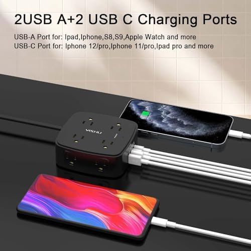 6 Ft Surge Protector Power Strip - 8 Widely Outlets with 4 USB Ports, 3 Side Outlet Extender with 6 Feet Extension Cord, Flat Plug, Wall Mount, Desk USB Charging Station, ETL,Black - Image 3