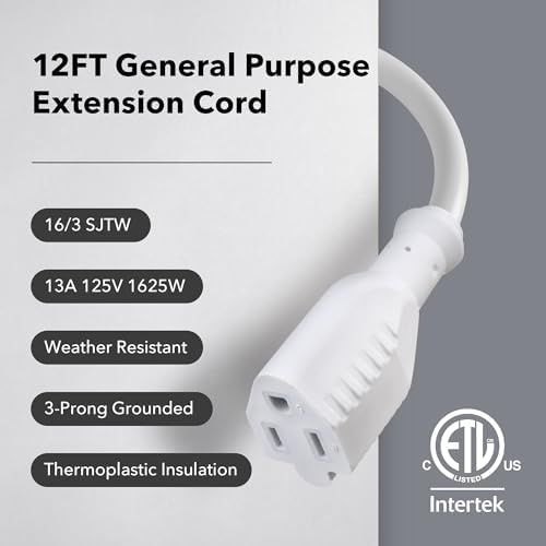BN-LINK 12ft Outdoor Extension Cord, 3-Prong, 16 Gauge General Purpose Power Cord, Grounded Plug, White, for Landscaping & Holiday Decorations, Home & Office, 13A ETL - Image 4