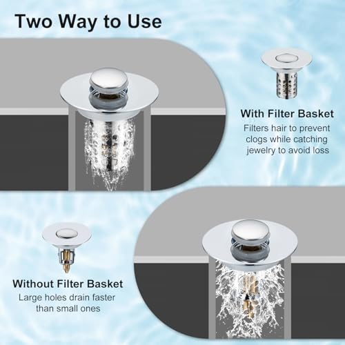 Bathroom Sink Drain Strainer, Universal Pop Up 3 in 1 Bathroom Sink Stopper with Removable Stainless Steel Filter Basket Drain Hair Catcher, Sink Plug for 1.1''~2.36'' Basin, Brass Bullet Core, Chrome - Image 3
