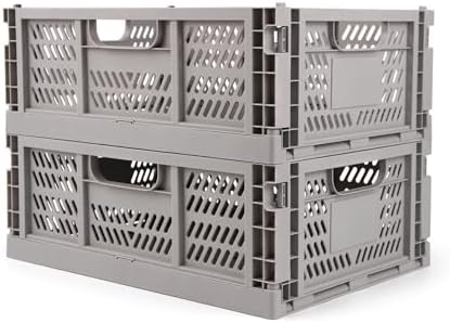 2 Pack Stackable Storage Crates, Plastic Foldable Baskets Large, Gray by Domiella