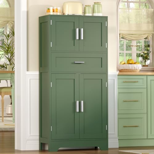 TEENFON Bathroom Floor Storage Cabinet with Adjustable Shelf, Freestanding Storage Cabinet with 4 Doors, Cupboard for Living Room, Home Office, Entryway, Forest Green - Image 6