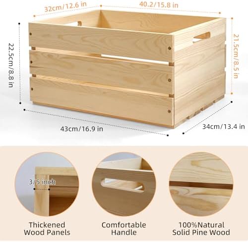 Large Wooden Crates with Handles, Natural Solid Pine Wood Crates for Storage, Decor, Wooden Milk Crate for Farmhouse, Vinyl Record Storage Crate (1) - Image 3