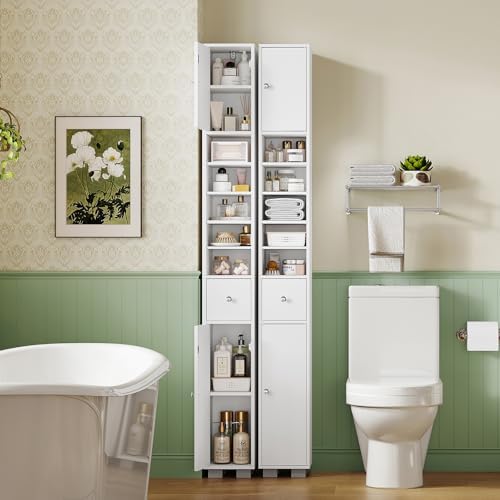 TEENFON Bathroom Cabinet, Narrow Bathroom Storage Cabinet with 5 Adjustable Shelves & Drawer, Freestanding Cupboard for Small Spaces, White - Image 5