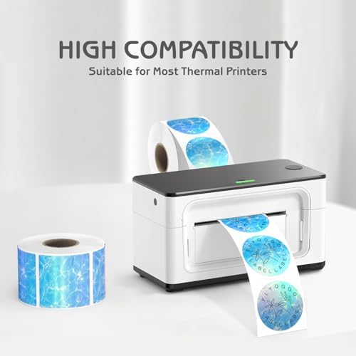 2" Holographic Thermal Sticker Labels, 500 Pcs Round Printable Thermal Waterproof Sticker Rainbow Glitter for Logo Design, Price/Name Tag, Barcode, DIY Custom, Aurora Light Blue, 500 Labels/Roll - Image 2