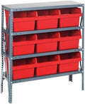 Quantum 1839-SB810RD Heavy Duty Shelving Unit with (4) Shelves and (9) QSB810 Red Bins for Garage Warehouse Storage Distribution | 400 lb Load Capacity | 18"D x 36"L x 39"H, Galvanized Carbon Steel by QuantumStorageSystems