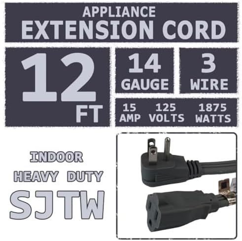 12 Ft Heavy Duty Appliance Extension Cord - 14 Gauge 3 Prong SPT-3 Cable Wire, Ideal for Air Conditioners, Refrigerators, and Major Appliances - Indoor Use, Grey - Image 2