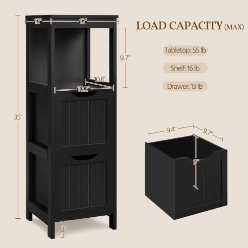 Yaheetech Small Bathroom Storage Cabinet with 2 Drawers & Open Shelf, Black - Image 3