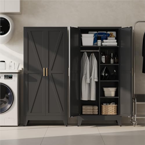 Baborokic Metal Wardrobe Cabinet with Hanging Rod,Large 71" Armoire Wardrobe Closet with Adjustable Shelves and Doors,Farmhouse Metal Office Cabinets for Bedroom,Office,Employee(Black) - Image 4