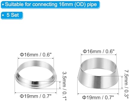 PATIKIL 16mm Tube OD 304 Stainless Steel Compression Tube Fitting Sleeve, 5 Pack Double Ferrule Ring Tubing Fitting Assortment Kit, Silver - Image 2