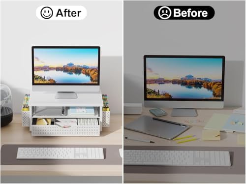 gianotter Desk Organizers and Accessories, Monitor Stand with Drawer and 2 Pen Holder, Desktop Organizer Suitable for Offices and Dormitories (Matte White) - Image 3