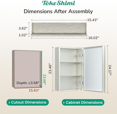 TokeShimi 16 x 24 Medicine Cabinet Mirror, Assembly Required, Brushed Nickel Mirror Medicine Cabinet Bathroom, Beveled Aluminum Frame, Wall Mounted or Recessed, Tempered Glass - Image 2