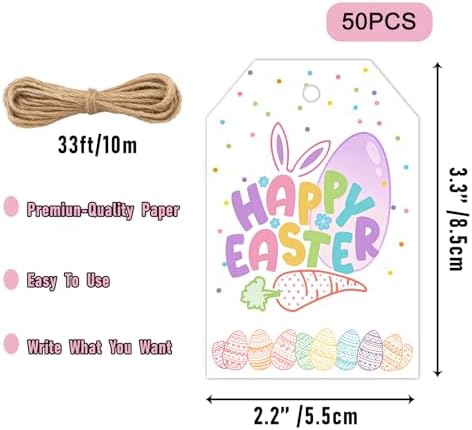 Happy Easter Gift Tags 50PCS, Easter Tags with String for Gift Wrapping, Easter Party Favor Tags, Hanging Tags for Treat Bags, Easter Gift Packaging Decorations - Image 2