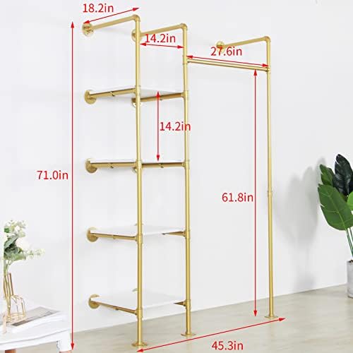 Garment Rack Heavy Duty Clothes Rack for Hanging Clothes, Metal Freestanding Closet Wardrobe Shelf, Gold Industrial Pipe Clothing Racks with Shelves Closet Rods System - Image 4