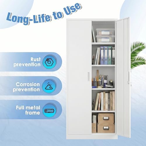SUXXAN 71-Inch White Metal Storage Cabinet with Locking Doors - Image 6