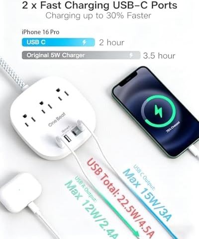 15 Ft Long Extension Cord, 22.5W/4.5A Cruise Ship Flat Plug Power Strip - Image 3