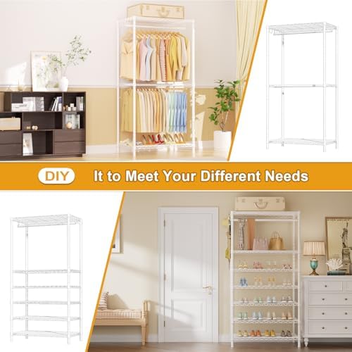Ulif E13C Pro Heavy Duty Closet Organizer System，Freestanding Clothing Racks for Hanging Clothes，Adjustable Garment Rack 75" W x16 D x77 H Hold 1000lbs，White Rack with White Dustproof Cover - Image 5