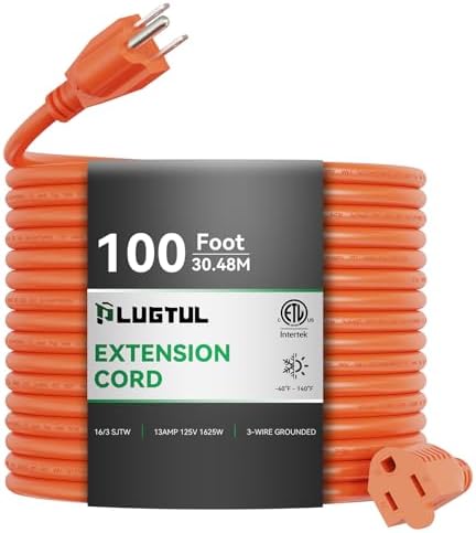 Outdoor Extension Cord 100 FT | 16/3 Gauge Heavy Duty 3 Prong Extension Cord, 13A 1625W SJTW, ETL Listed, Great for Garden and Home, Orange by PLUGTUL