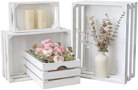 Set of 4 Large Wooden Decorative Storage Crates, Whitewashed Nesting Wooden Crates for Display Rustic, Farmhouse Wood Storage Container Boxes Made from 100% Wood by JUMBOHUMBLE