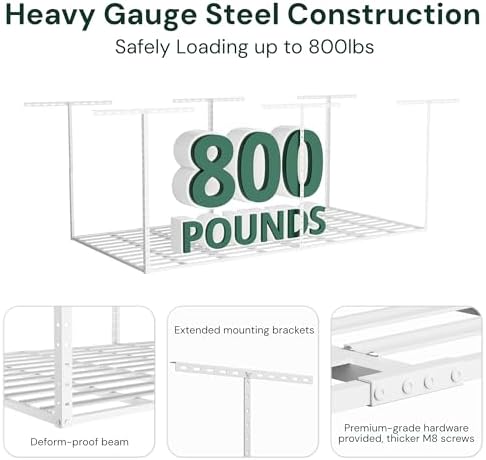SunsGrove 3x6 Garage Storage Overhead Rack Organization, Adjustable Ceiling Mounted Storage Racks, 800LBS Weight Capacity, 22"-40" Ceiling Dropdown, White - Image 2