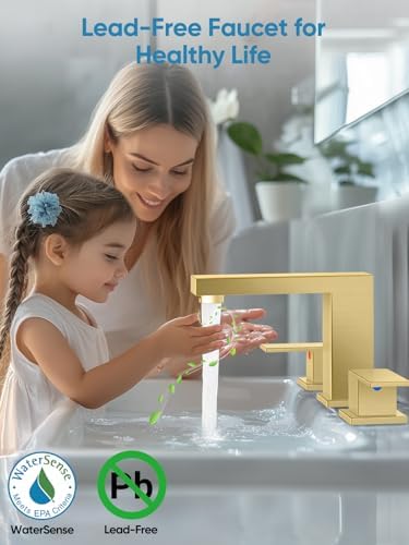 Cobbe Bathroom Faucet 3 Hole, Brushed Gold Bathroom Sink Faucet Widespread - Image 3