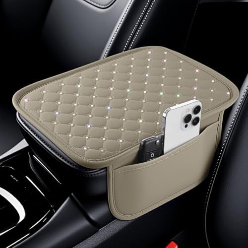 SINGARO Bling Center Console Arm Rest Cover for Car, Middle Console Armrest Storage Box Cover, Interior Bling Car Accessories for Women and Man Gifts Interior Sets (Beige) by SINGARO