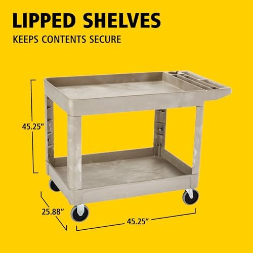 Rubbermaid Commercial Products Heavy Duty 2-Shelf Utility/Service Cart, Medium, Lipped Shelves, Storage Handle, 500 lbs. Capacity, Beige, for Warehouse/Garage/Cleaning/Maintenance - Image 4