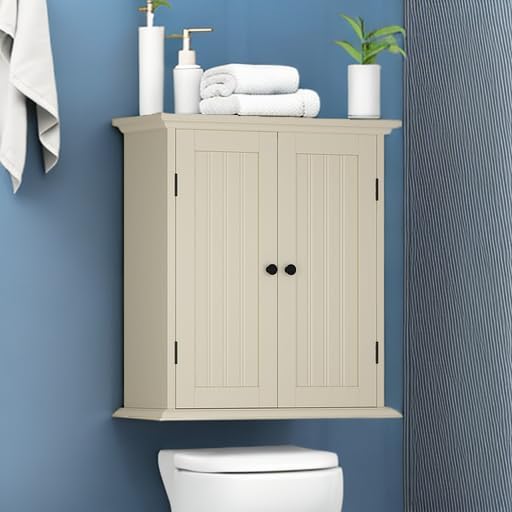 ChooChoo Bathroom Wall Cabinet, Over The Toilet Space Saver Storage Cabinet, Medicine Cabinet with 2 Door and Adjustable Shelves, Cupboard, Cream Yellow - Image 2