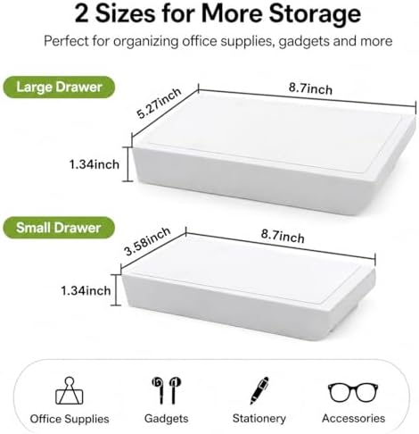 YOOUSOO Under Desk Drawer Organizer, 2 Pack Self Adhesive Slide Out Desk Storage Drawers, Hidden Desk Drawer Attachment for Pens, Notes, Cables, Earbuds and Small Office Accessories - Image 3