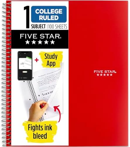 Five Star Spiral Notebook Plus Study App, 1 Subject, College Ruled Paper, 100 Sheets, 8-1/2" x 11", Fire Red (72053) by FiveStar