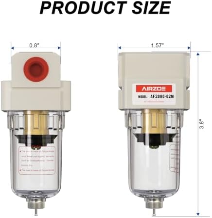 AIRZOE 1/4" NPT Compressed Air Filter AF2000-02M, Manual Drain,0-150psi - Image 2