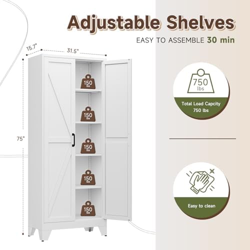 Letaya 75" H Metal Storage Cabinet with 2 Doors and 4 Shelves,Tall Kitchen Pantry Cabinets,Farmhouse Utility Pantry Organizers for Cupboard/Dining/Bathroom/Home Office/Garage,White - Image 3
