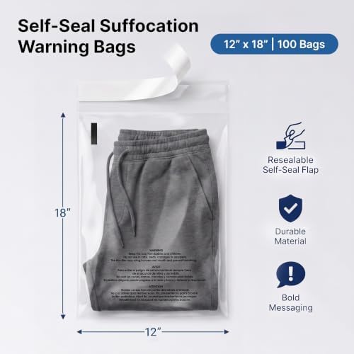 12” X 18” (100 Count) Self Seal Clear Poly Bags with Suffocation Warning - Image 2