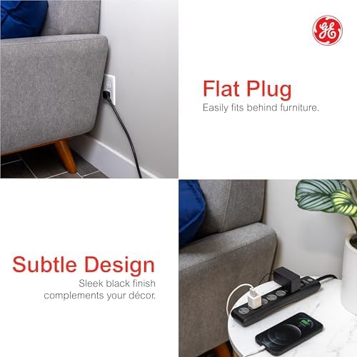 GE Surge Protector Power Strip, 15 Ft Extension Cord, 6 Outlet Extender, 800 Joules, Flat Plug, Twist-to-Close Safety Covers, ETL Listed, Black, 50767, (Pack of 8) - Image 4