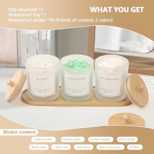 3 Pack Qtip Holder - Bathroom Organizers and Storage, Cotton Round Holder Cotton Swab Dispenser Cotton Ball Holder with Tray, Glass Apothecary Jars with Lids, Bathroom Containers for Floss Pick - Image 2