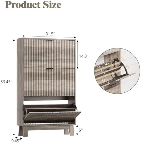 Shoe Cabinet Storage for Entryway with 3 Flip Drawers, Fluted Narrow Shoe Organizer with Wooden Legs, Freestanding Slim Shoe Storage Hidden Shoe Rack Organizer for Front Door Entrance, Hallway, Grey - Image 2