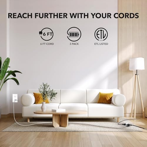 HBN Indoor Extension Cord, 6ft 3 Pack, White, 3 Outlets with Safety Cap Included, 2 Prong Polarized Plug, Perfect for Homes, Offices, and Kitchens - Image 2