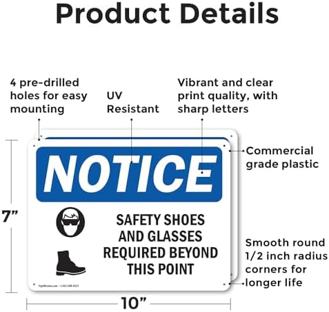 (2 Pack) Safety Shoes And Glasses Required OSHA Notice Sign 10 Inch X 7 Inch Plastic Sign, Weather Resistant, UV Protected for Workplace, Business, and Construction Site, Made in the USA - Image 2