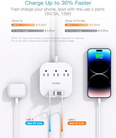 One Beat Power Strip with USB C, 10ft Braided Extension Cord, 22.5W - Image 3