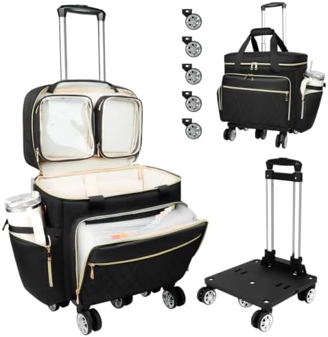 SIYNPAV 5-Wheeled Rolling Teacher Bag with Detachable Trolley, 15.6 Inch Laptop Sleeve & Accordion File Organizer, Large Capacity Teacher Tote with Cup Holder for School Office, Black by ChooseNowandGetanOrganizerStyle