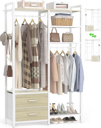 78.7'' Clothes Rack for Hanging Clothes - Reversible Clothing Rack with 2 Drawers, Heavy Duty Garment Racks with Shelves, 6 Tiers Freestanding Closet Wardrobe System with Hanging Hooks, White Oak by Besiost