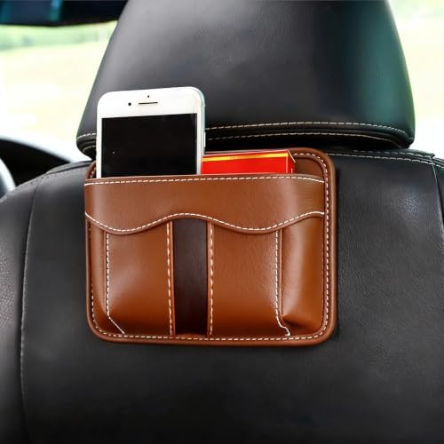 Car Seat Side Organizer, PU Leather Vehicle Storage Pocket, Universal Gap Filler for Auto Console Door Phone Document Sundries Organizer (Brown) - Image 3