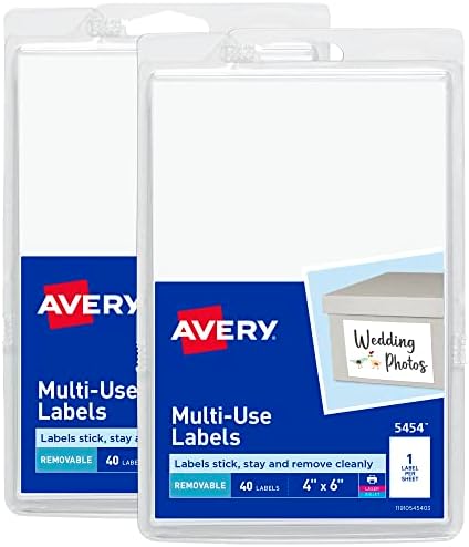 Avery Removable Labels, 4" x 6" Blank Labels, Laser/Inkjet Printable, 40 per Pack, 80 Total (2-Pack of 5454) by Avery