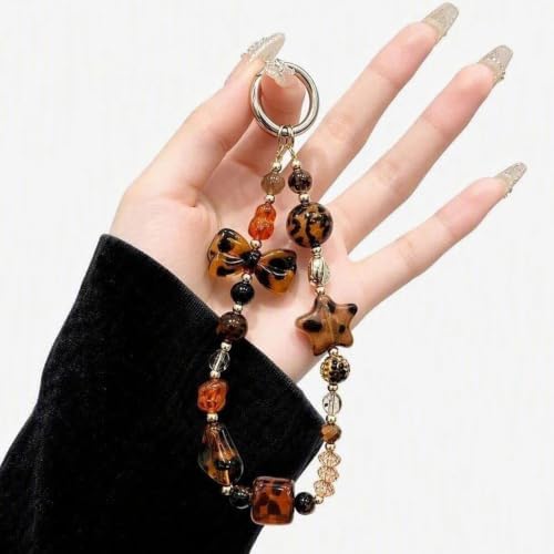 Leopard Beaded Phone Charm, Cute Star & Bow Phone Wrist Strap by LIFCIUSO