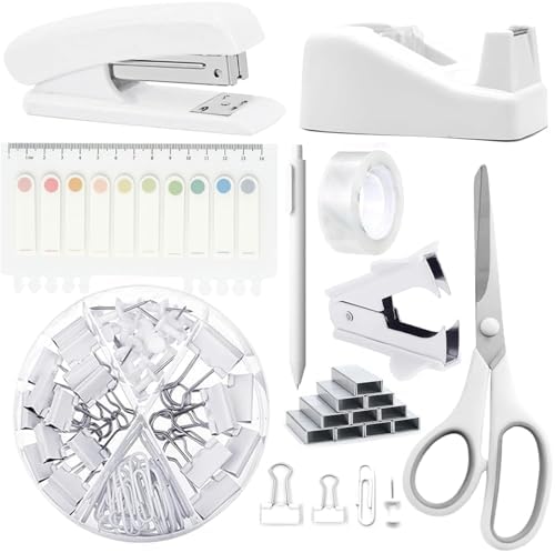 Office Supplies,White Desk Accessories,Office Supplies Set,Stapler and Tape Dispenser Set,Scissors,Staple Remover,Binder Clips,Staples,Ballpoint Pen,Index Tabs with Ruler,Clear Tape.9pcs for Office by suniya